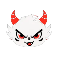 AngryBuchi mascot, fluffy white creature with red horns and cheerful fangs