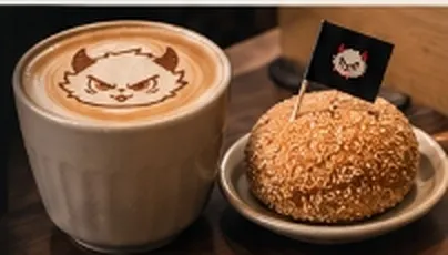 Latte with AngryBuchi mascot latte art and golden sesame buchi pastry with brand flag
