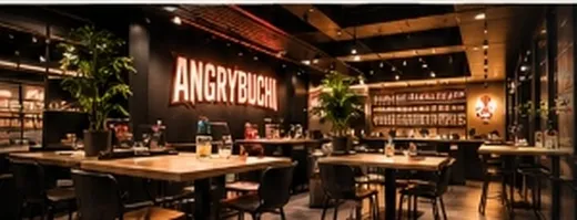 AngryBuchi café and tournament room interior with illuminated wall sign and tables